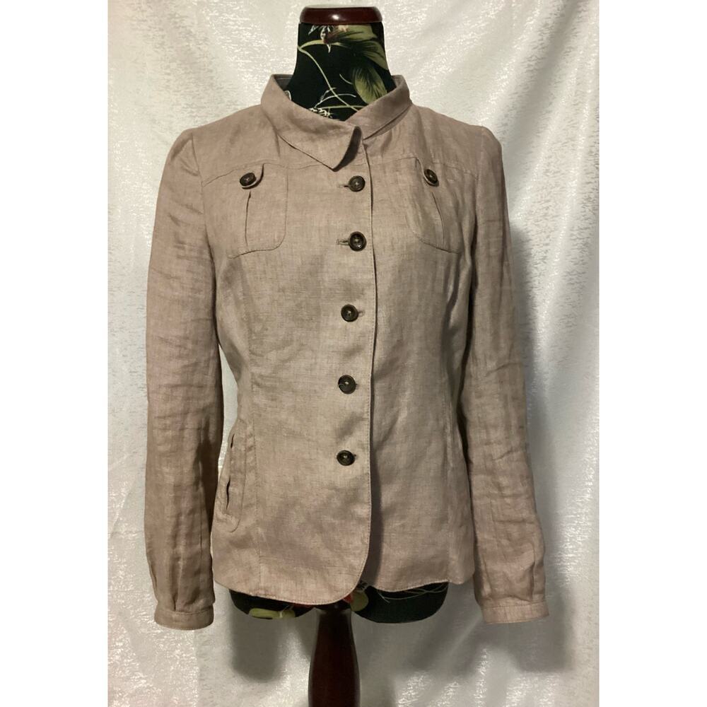 RIVAMONTI women’s linen blazer snap close collar with coconut‎ shell buttons